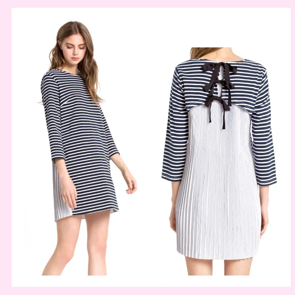 English Factory Nautical Striped Pleated Tie Back Dress Small Navy White Preppy